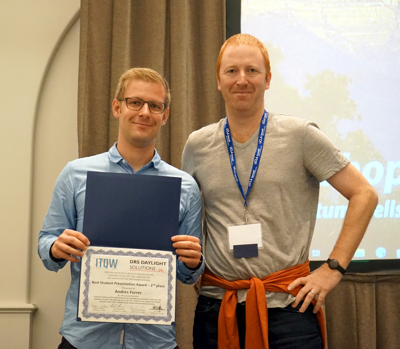 Enlarged view: ITQW2019, Ojai, 2nd Prize: Andres Forrer for the Presentation “Injection locking and bi-stable operation of a homogeneous bound-to-continuum THz Quantum Cascade Laser spanning up to 1.65 THz”